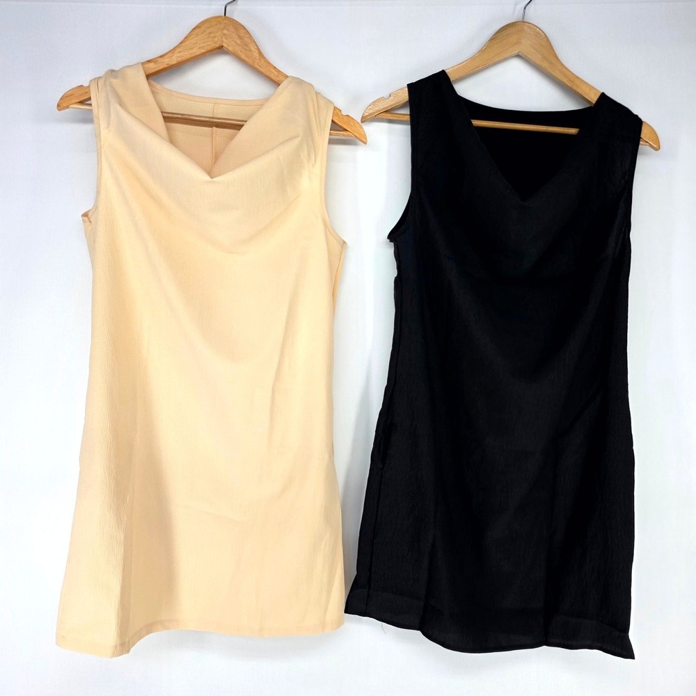 Cowl Neck Dress Women S Beige Sleeveless Shift Textured Minimalist Biz